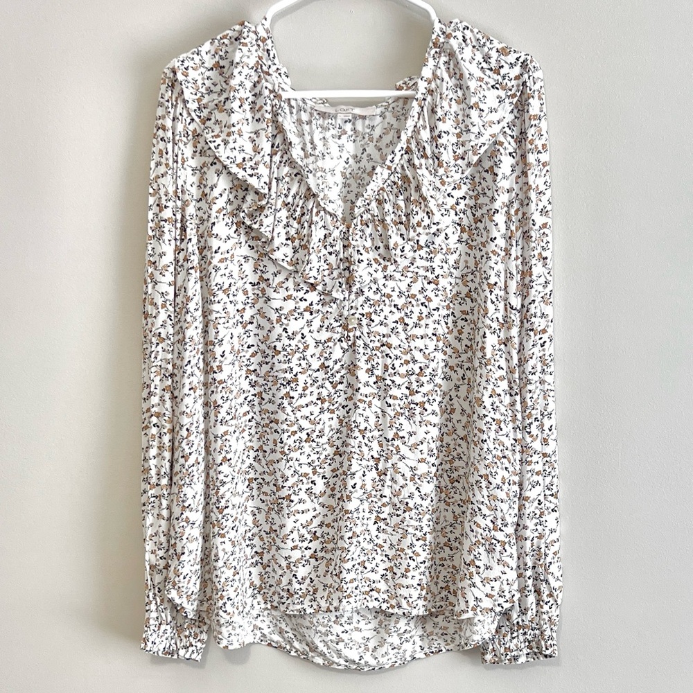 Loft Ditsy Floral Print Ruffle Neck Long Sleeve Blouse